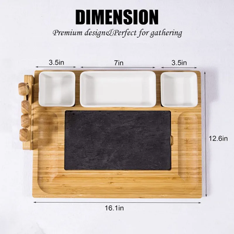 Natural 4 Knives Slate Stone Cutting Boards Platter 3 Ceramic Bowls Knives Set Bamboo Cheese Board