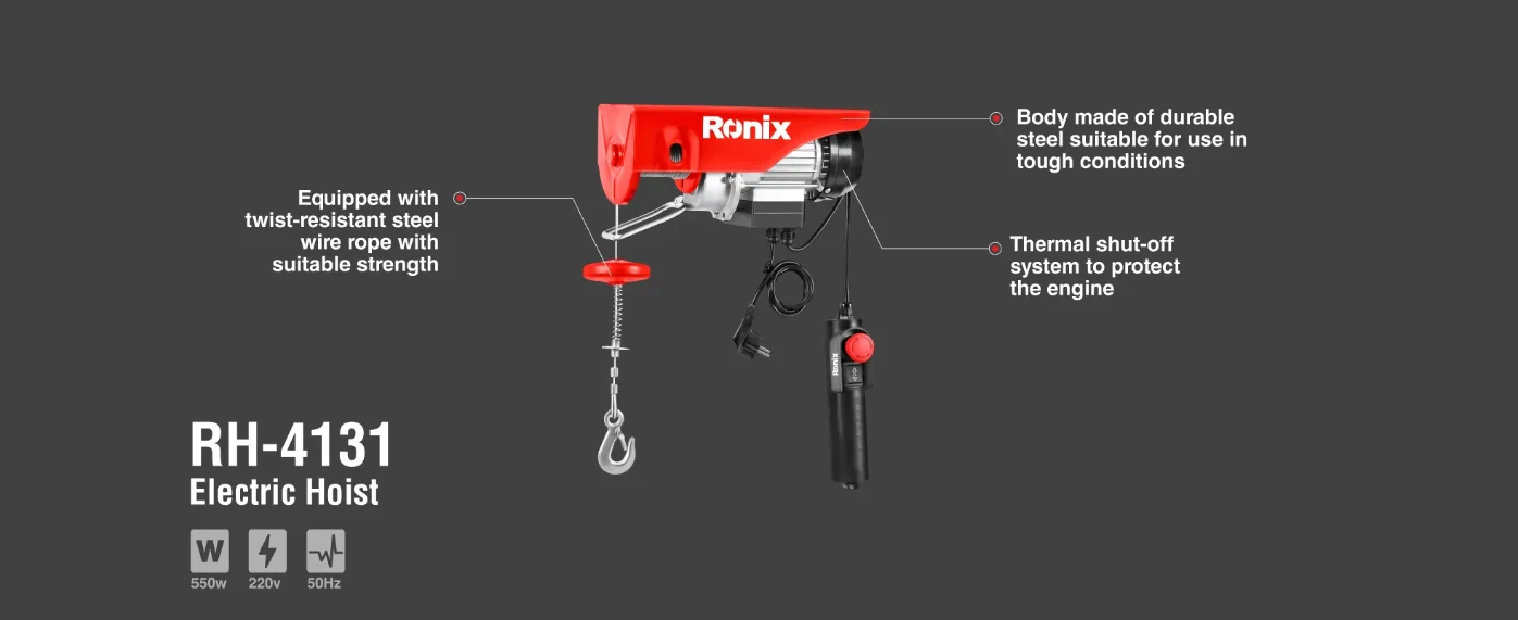 Ronix RH-4130-4136 Model 500KG 1 ton 1.2 ton Small Wire Rope 1600W Electric Hoist electric winch electric hoist