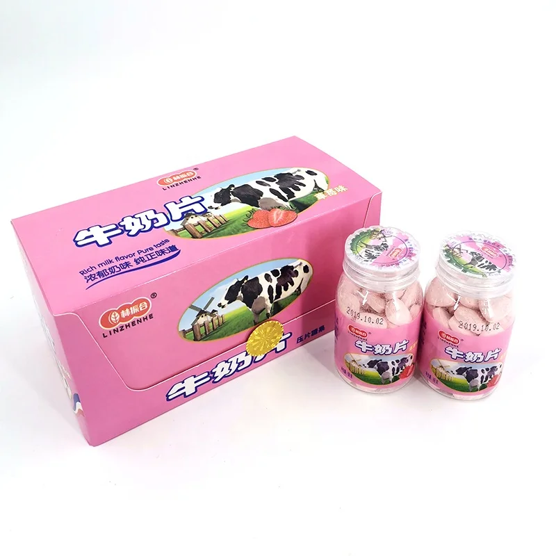 Sweet taste strawberry flavor crispy chewable  pressed milk tablet candy for kids