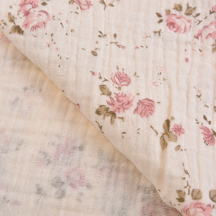Wholesale high quality custom organic double gauze floral printed muslin cotton 2 layers fabric baby