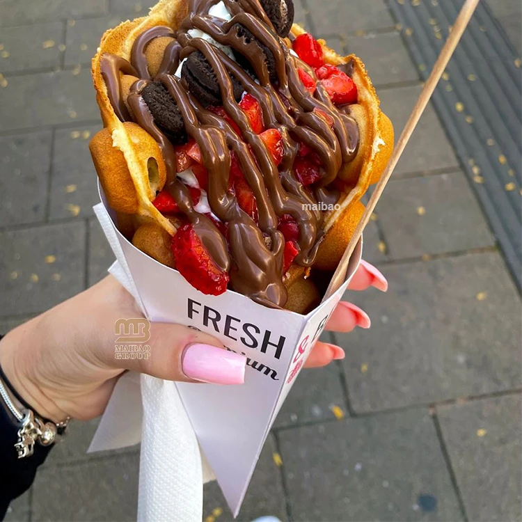 Custom Design Bubble Waffle Paper Cone Print Bubble Waffle Ice Cream Cones Paper Box Takeaway Food Packaging Waffle Paper Cone