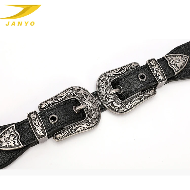 New Style Funky Vintage Elegant Double Buckle Stylish Designers Pu Leather Lady Belt
