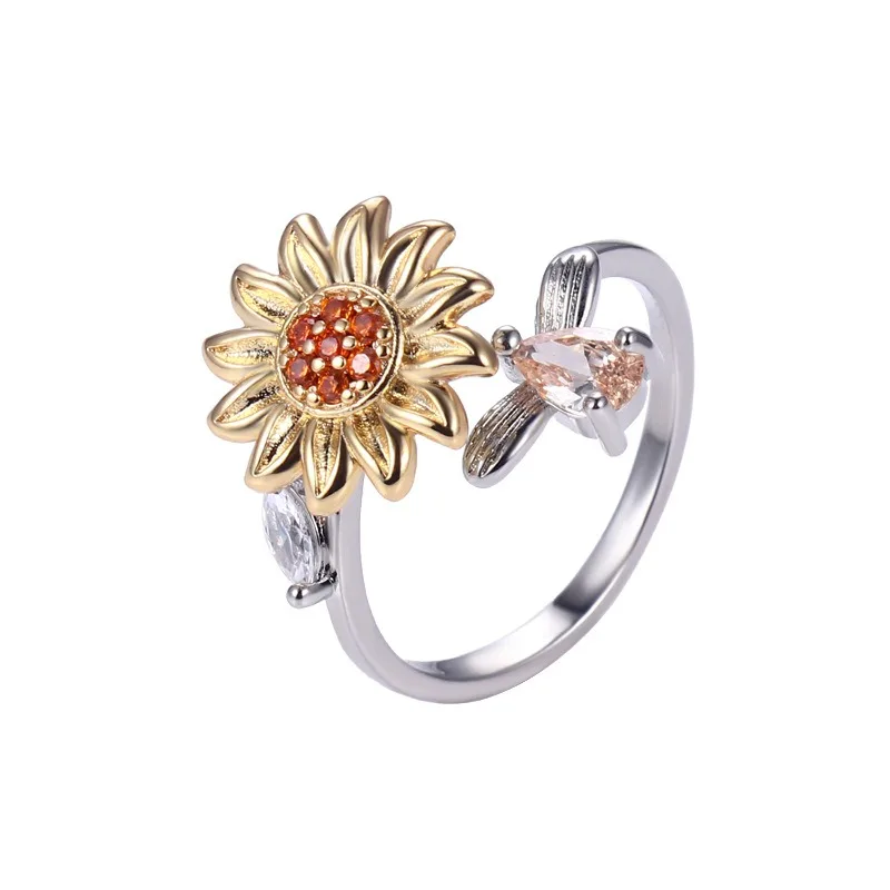 Trendy Rotating Spinning Anxiety Men and Women Ring Jewelry Custom Sun Flower Silver Spinner