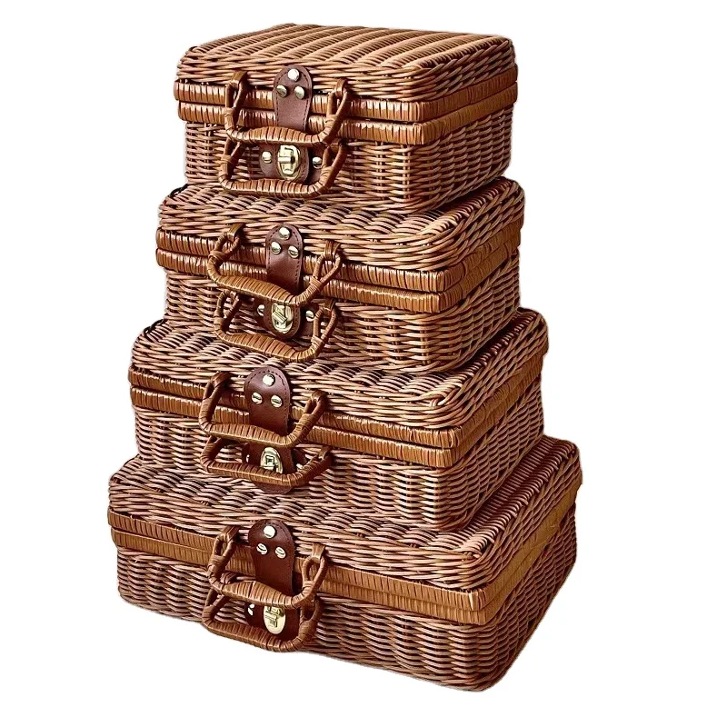wholesale factory direct sell Handmade Wicker rattan storage box organize picnic basket suitcase gift box