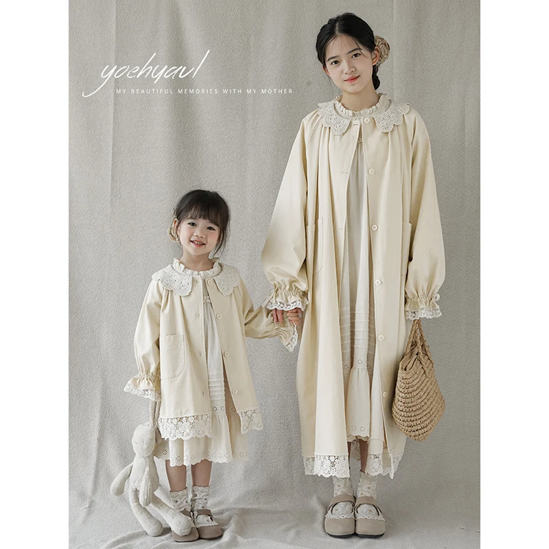 custom children clothes simple vintage-inspired long-sleeved top lace collar overcoat cardigan outerwear resembles trench coat