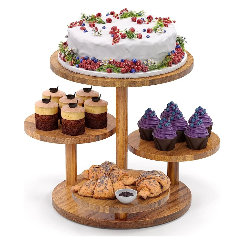 4 Tier Cupcake Tower Tiered Tray Round Bamboo Cupcake Stand for Dessert Table, Wooden Cake Stands for wedding cakes Birthday