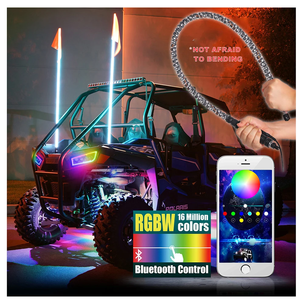 3 4 5 6 Feet Blue tooth Control RGB LED Spiral Whip Lights antenna light Wrapped for ATV UTV RZR Off Road Polaris for Jeep Truck