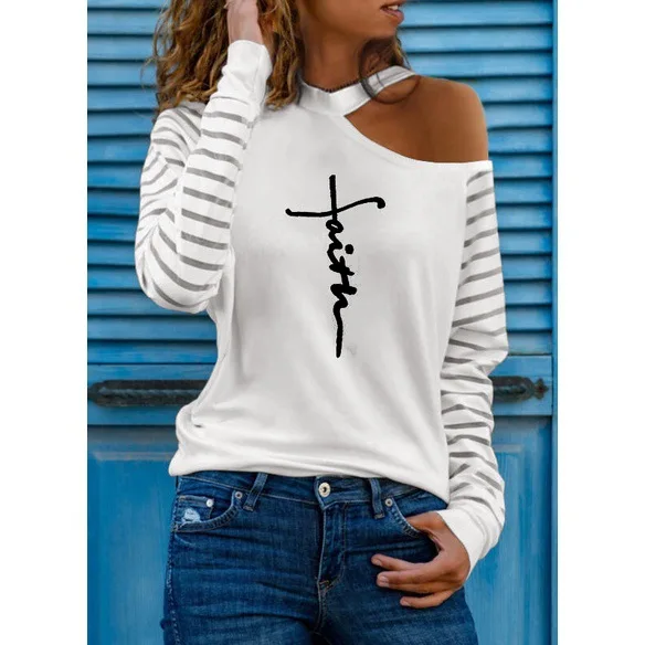Autumn ladies long sleeve diagonal shoulder letter print T-shirt plus size top