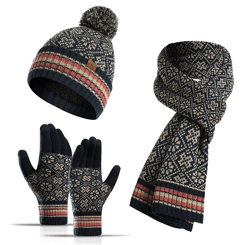 New Fashion Winter Women Warm Thick Beanies Knitted Scarf Hat Gloves Set