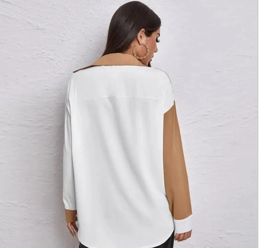Fashion Women Shirt Full Sleeves Sexy Lady Blouse Contrast Color Patchwork Pocket Slim Female Tops Office Work Club 2022 Clothes