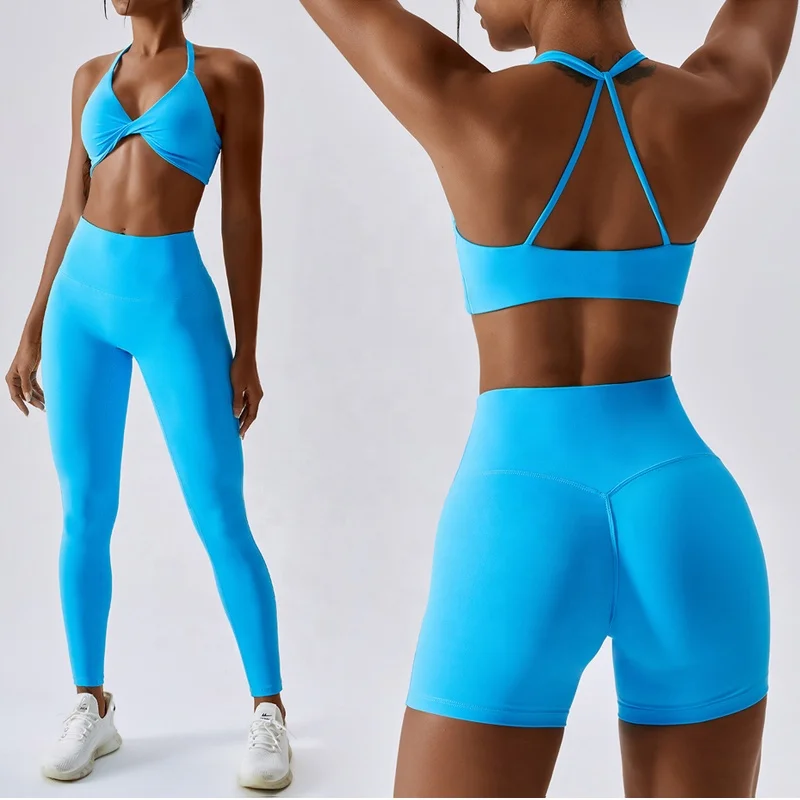 2023 New Women Workout Set Fitness Clothing Front Twisted Open Back Sports Bra and V Back Yoga Shorts Leggings Gym Fitness Set