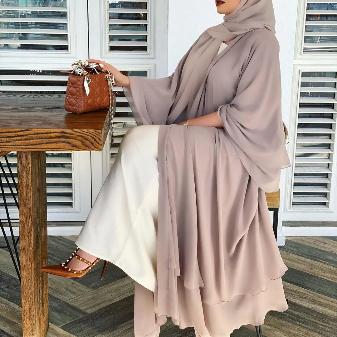 TD New Arrival Solid Color Muslim Cardigan Double Chiffon Muslim Scarfs Kaftan Abaya Islamic Clothing (1600389506417)