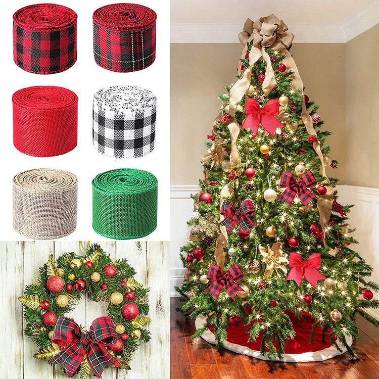 Customized High quality 1.5 inch Recycled Plaid Wired Edged Burlap Christmas Ribbon For Merry christmas tree holiday Decoration