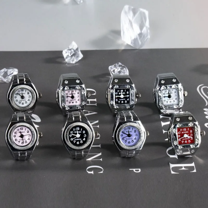 Vintage Steampunk Finger Ring Watch Dial Quartz Analog Elastic Watchband Waterproof Sliver Mini Ring Watch Ring Watch