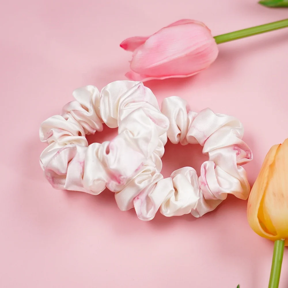 Hot Sale 16/19/22/25/30 mm Custom Marble vein 100% Pure Silk Scrunchie Hair Bands 3.5 cm Large Real Organic Silk Scrunchies set