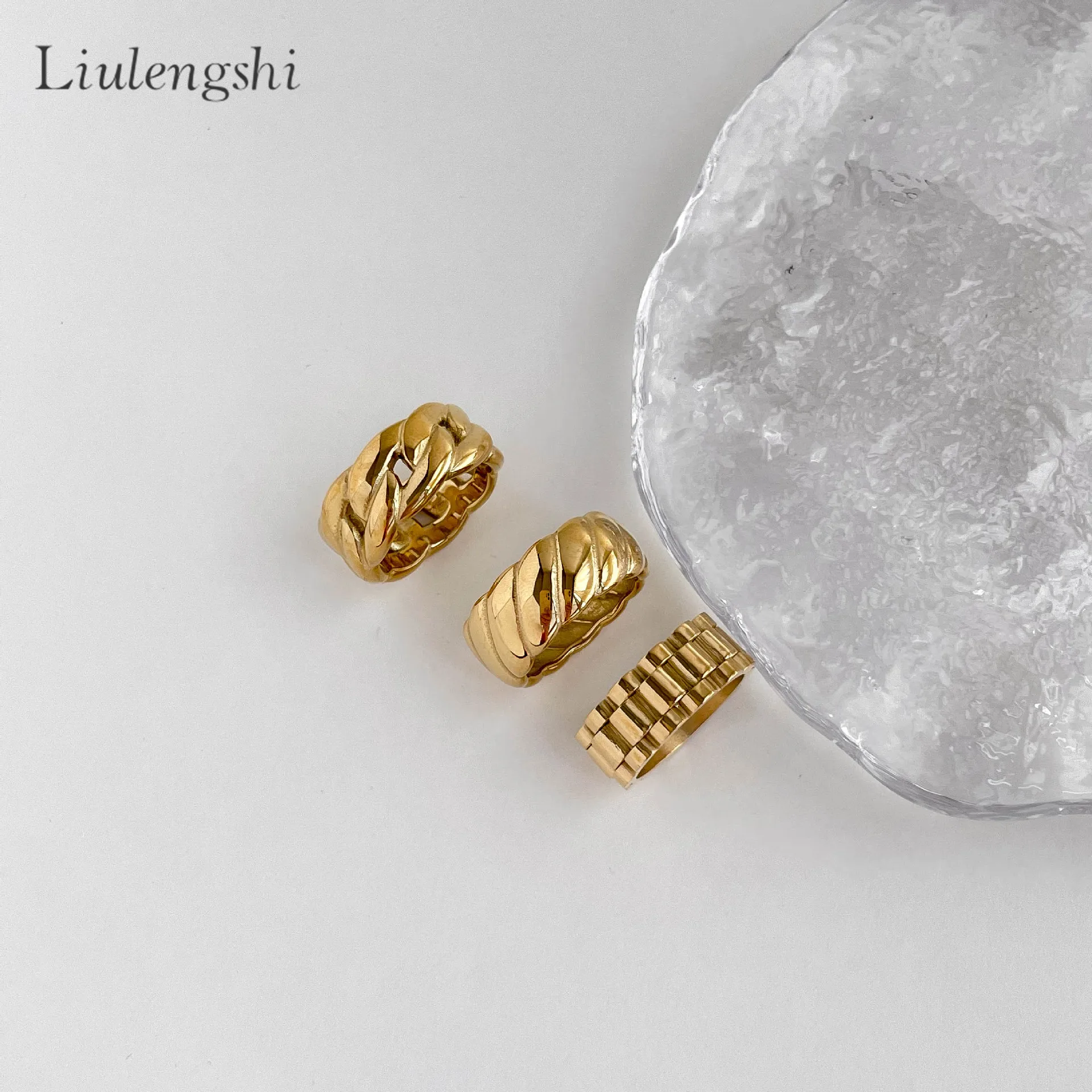 New Fashion Watchband Watch Band Stripe Chunky Gold Rings Twisted Wide Bold Cuban Link Chunky Chain Rings Stainless Steel