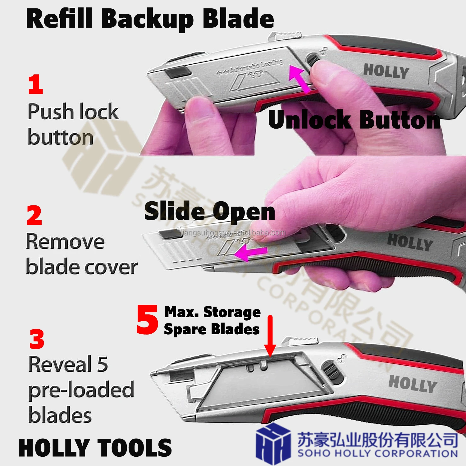 Multi Function Auto Self load Blade Utility Knife Automatic Adjust 3 position Cutting Depth Retractable Box Cutter with 5 Blades