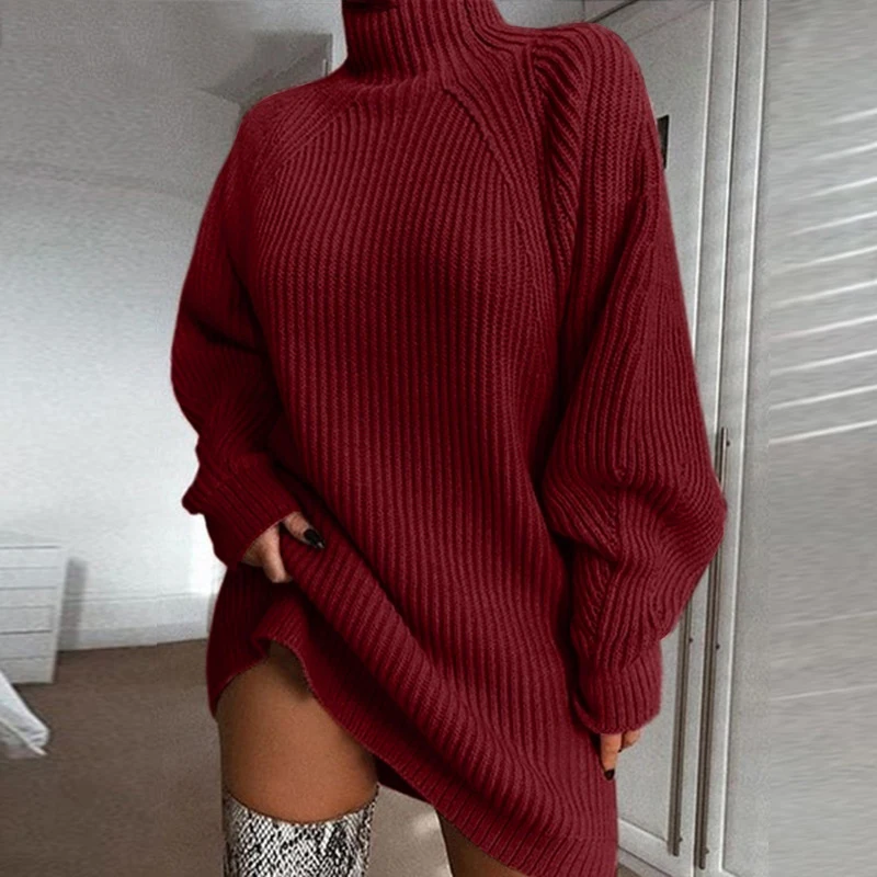 
Knitting Turtleneck Sweater Dress Women Fashion 2019 Autumn Winter Solid Long Sleeve Dresses Basic Slim Female Clothing 