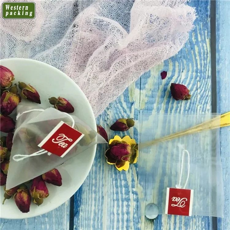 Custom small mesh roll drawstring pyramid nylon tea bag with tag