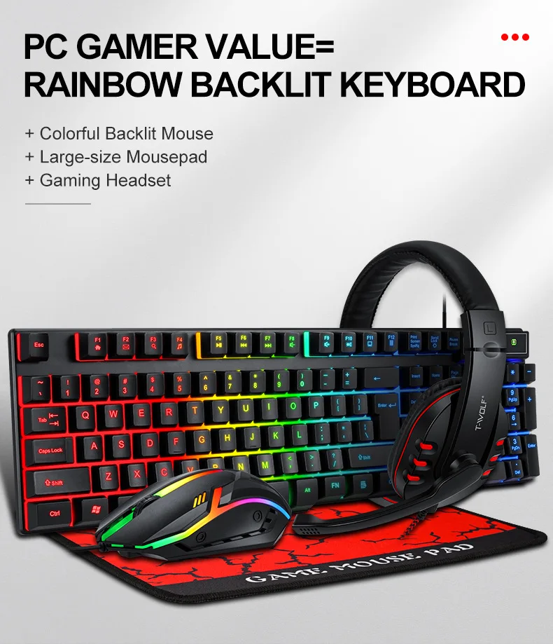All in 1 Wired RGB Backlit laptop Usage PC colored ergonomic OEM Office Headphone commputer Gaming set and Mouse Keyboard Combo
