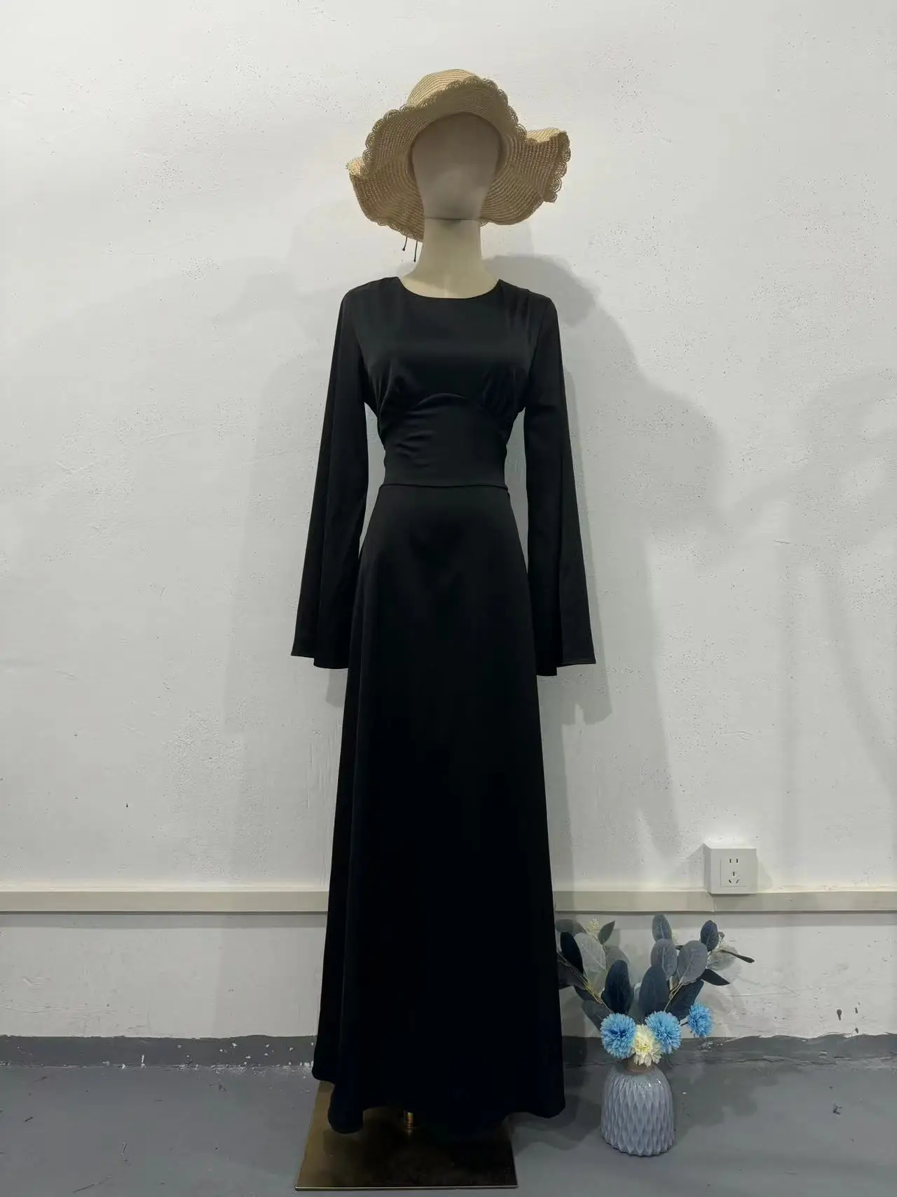 High Collar Chiffon Evening Dress A-line Sky Blue Prom Dress Long Sleeves Pleated Formal Occasion Evening Dresses For Women