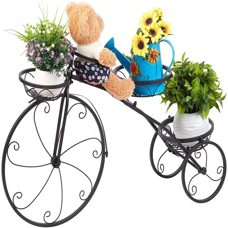 3 Potted Bicycle Shape Garden Planters Rack Patio Metal Display Shelf Iron Flower Plant Adjustable Stand For Garden