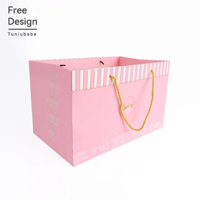 Wholesale Price Customized Foldable Pink Paper Bag with Handle Gold Stamping for Cosmetics Cloth Gift Packing