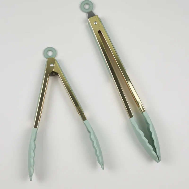 Heat resistant 9 12 inch metal BBQ kitchen serving tongs food grade silicone tips food tongs