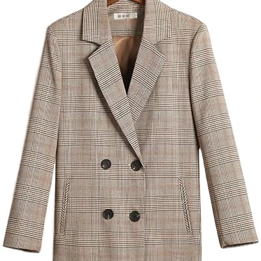 Coffee Plaid Long Blazer Women Casual Double Breasted Plaid Blazer