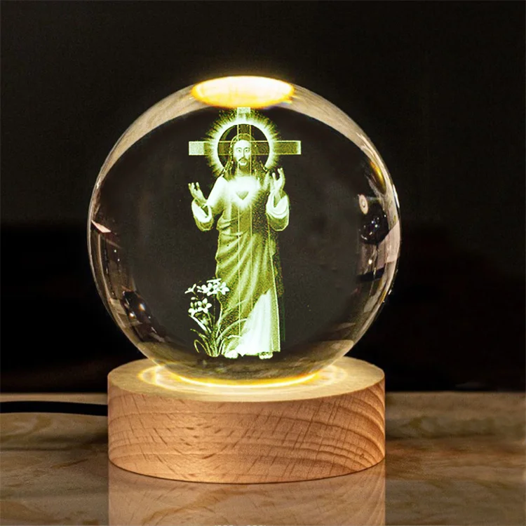 religious Saint Jesus Statue Laser Engraving Crystal ball Night Light Jesus Led Lighting Children Gifts