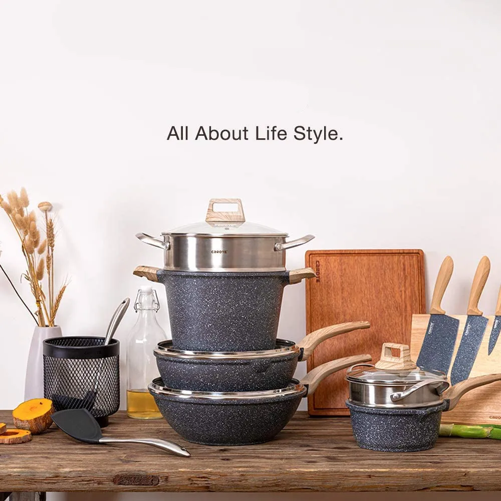 Лидер продаж алюминиевая кастрюля для вок с черным зернистым покрытием 28 см крышкой и деревянной