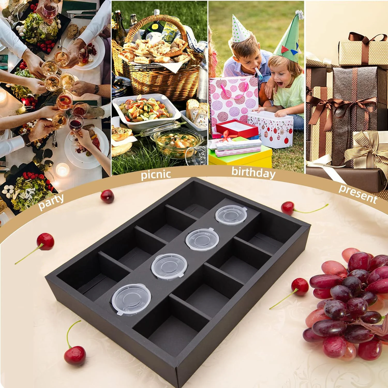 100% Recycled Kraft Paper Black Party Chocolate Cookie Dessert Boxes Catering Packaging Platter Box With Dividers Lid