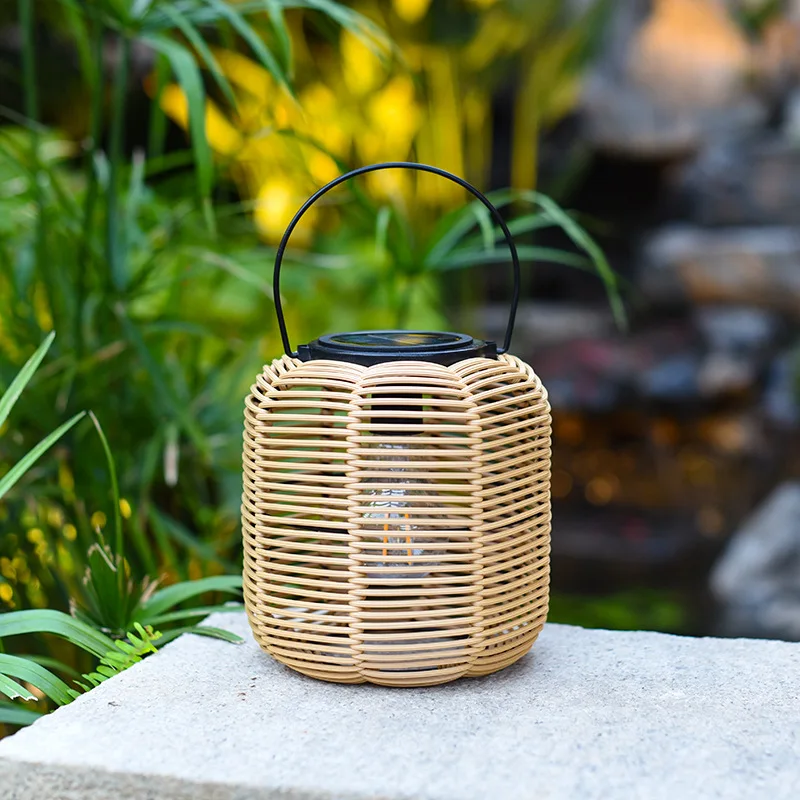 Solar Outdoor Lantern rattan bamboo woven storm lantern courtyard decoration Chinese retro small bell pepper portable