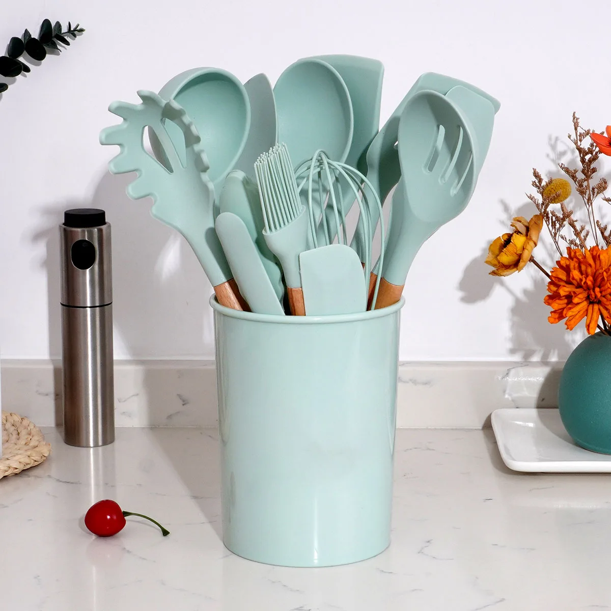 Heat Resistant Wooden Handle Kitchenware Non-stick Accessories Silicone Cooking Kitchen Utensil Set tool