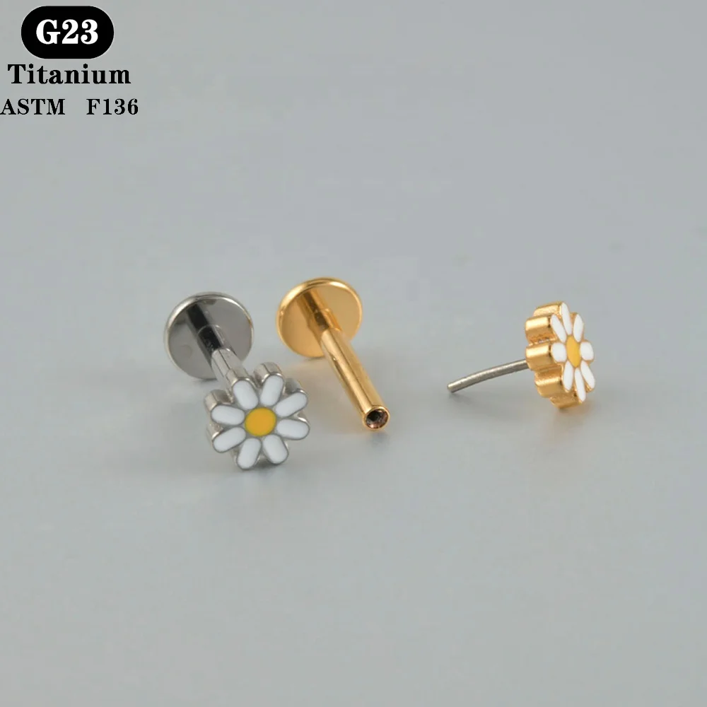 ASTM F136 Titanium Threadless Labret Ear Helix Tragus Daisy Flower Flat Back Push-in  Earring Piercing Jewelry