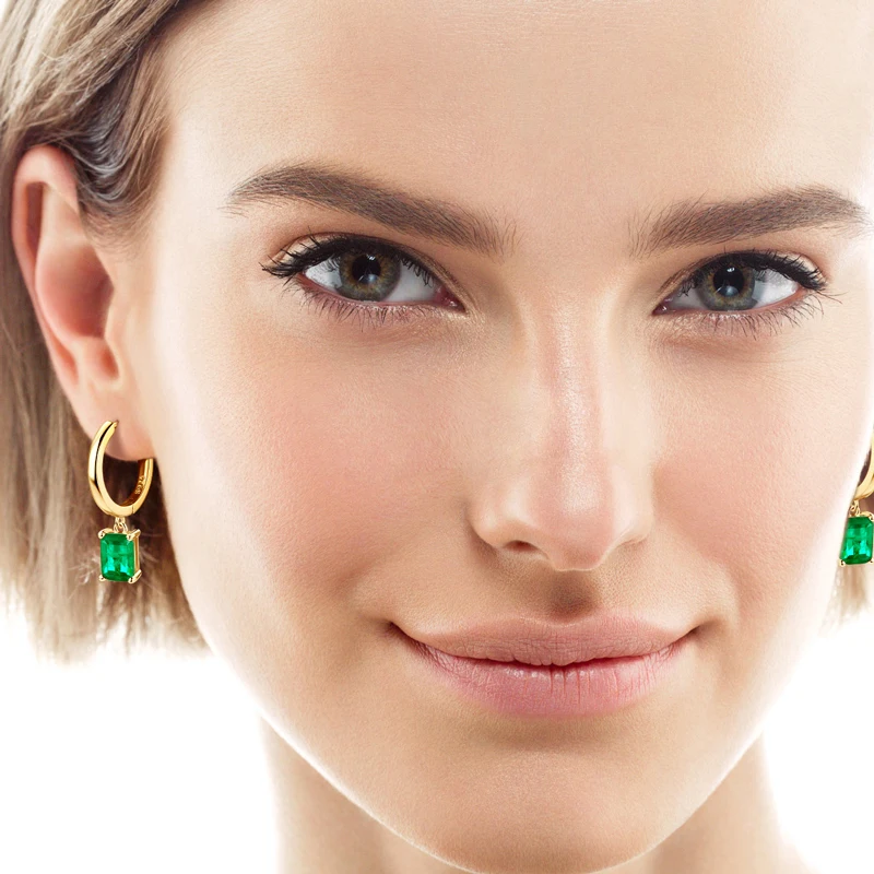14K gold plated 925 Sterling Silver Radiant Cut Emerald Gemstone Drop Hoop Earrings For Women