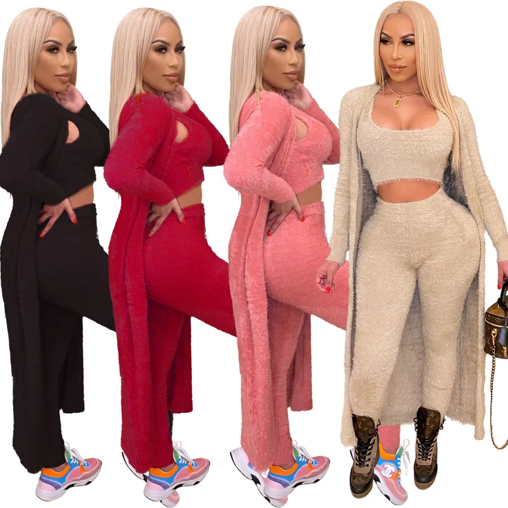 Winter Fall Set Women Sets Fuzzy Cozy Lounge Wear Fleece 3 Piece Sets