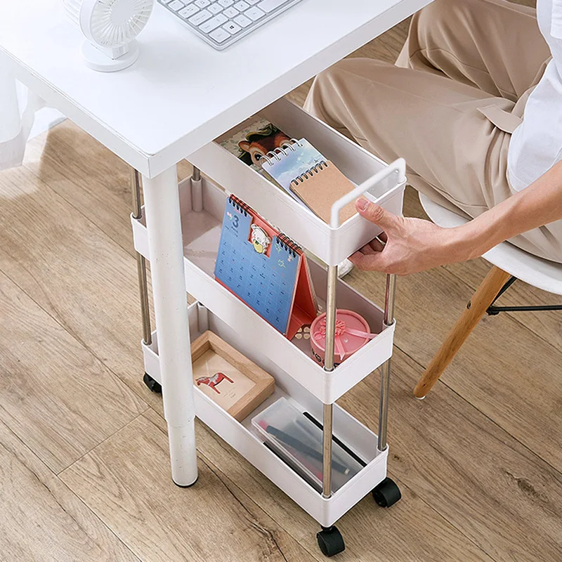 High Quality 3 Layer Trolley Multifunctional Slide Out Slim 3 Tier Storage Cart with Hooks for Kitchen Bathroom Living Room