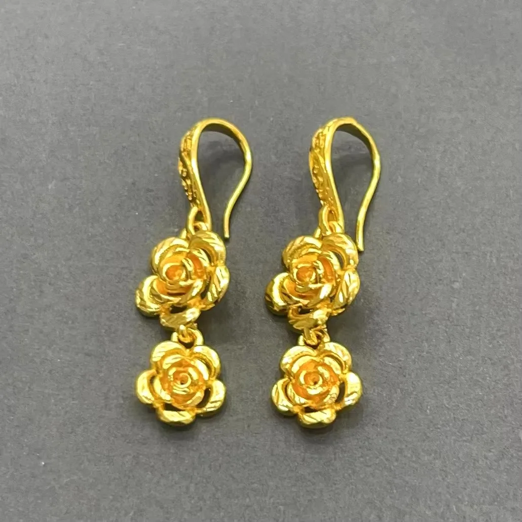 High Quality Retro Indian Jewelry Embossed Charm Double Flower Dainty Hoop Hooks Drop Earrings Cheap Accessories For Women