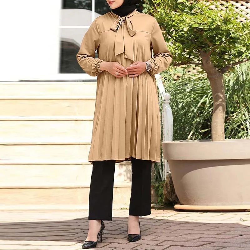 Custom ladies long sleeve bow neckline casual pleated hem modest muslim  blouses