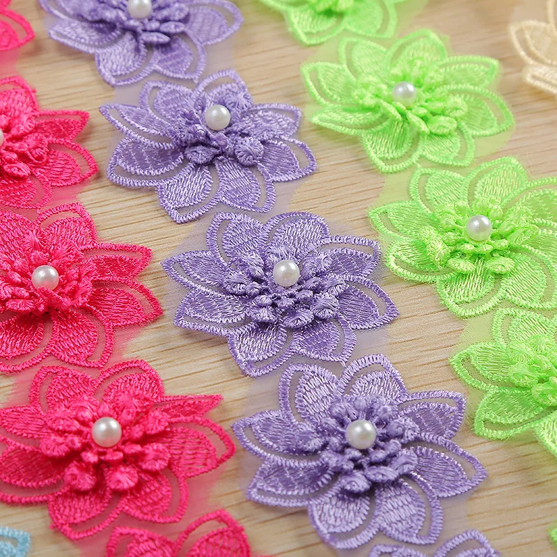 wholesale polyester 3D flower organza beaded lace colorful Embroidery Flower Chantilly Lace Trim for dress clothes decoration