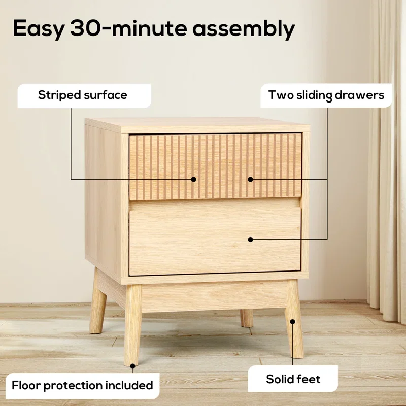 2-Drawer Bedside Tables with Solid Wood Legs for Bedroom, Modern Night Stand Side Table for Small Space Living Room End Table
