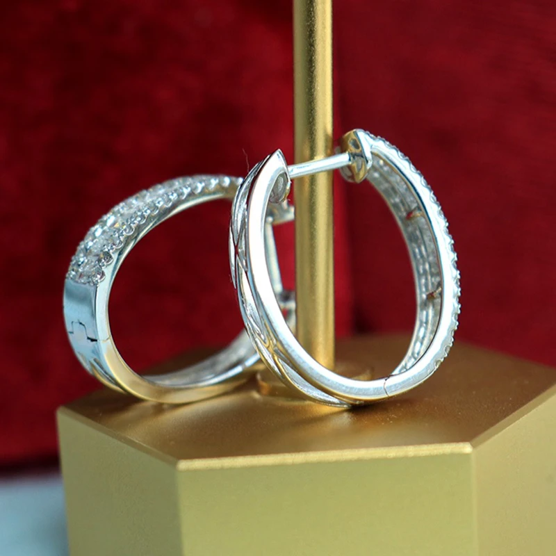 18K Natural Diamond Band Hoop Earrings  White Gold AU750 Fashion Large Circle Hoop Earrings for Women