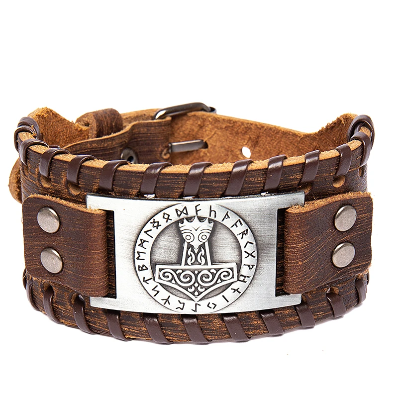 new symbol design fashion viking genuine leather adjustable vintage brown leather+ silver metal men accessories