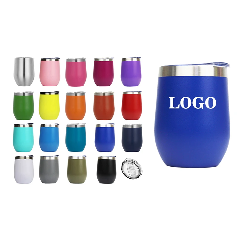 12oz Wine Tumbler Stainless Steel Double Walled Eggshell Tumbler Stemless Insulated 12 oz Champagne Tumbler Cup with Lids