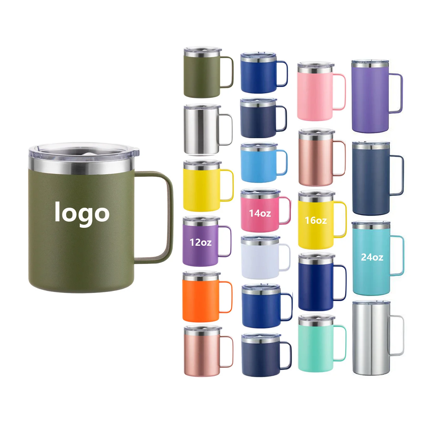 12oz 14oz 16oz 24 oz Stainless Steel Travel Coffee Mug Double Wall Insulated Reusable Wine Cups with Handle Lid