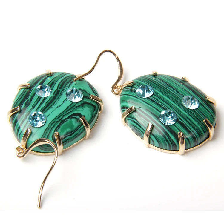 V&R Qingdao Jewelry Bijoux French Wire Earring Big Synthetic Malachite Stone Blue Zircon Rhinestone Gold Plated Earrings