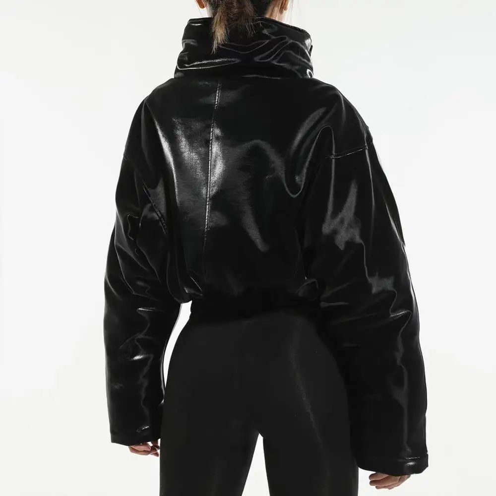 
Winter Zip Jacket Stand Collar Solid Korean Style Short Black Bomber Motorcycle Faux Leather Jacket Women 