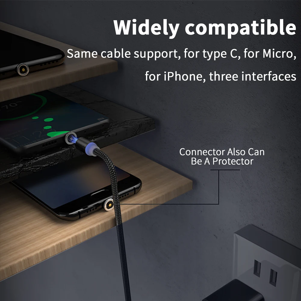 2022 new 3 in 1 rotating Multi magnetic Nylon Braid charging cables mobile phone type c micro usb 3in1 magnet fast charger cable