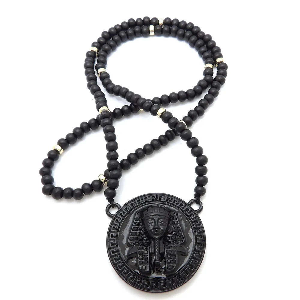 Egyptian Pharaoh Pendant 6mm 30inch Black Wood Bead Chain Hip Hop Necklace